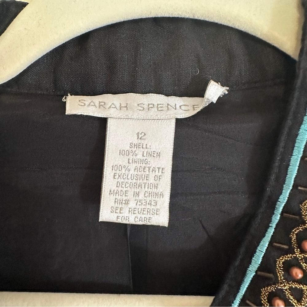 Sarah Spencer Jacket Black 12 Womens Linen Beaded Embroidered Boho Open Front - Picture 8 of 13